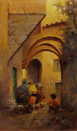 Quadro di Loris Centelli Lavoranti in via del Canneto  - olio tavola 