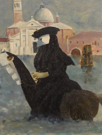 Quadro di Sirio  Zingoni  Cavalcare a Venezia - olio cartone 