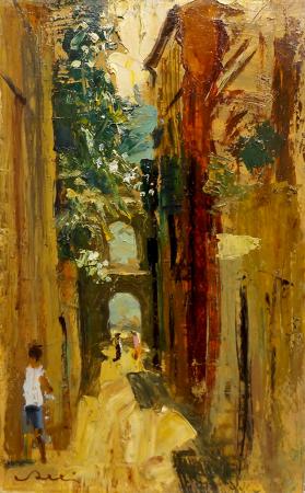 Art work by Giulio Salti Una via di Portofino  - oil table 