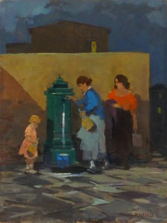 Art work by Renato Natali Bambina e Donne alla Fonte - oil table 