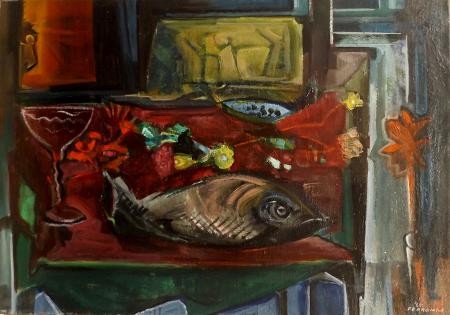 Art work by Alberto  Ferroni  Interno con pesce - oil canvas 