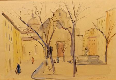 Quadro di Rodolfo Marma Piazza Santo Spirito  - acquerello carta 