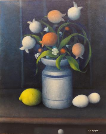 Quadro di Franco Brogelli Composizione con tulipani, uova e limone - olio tela 