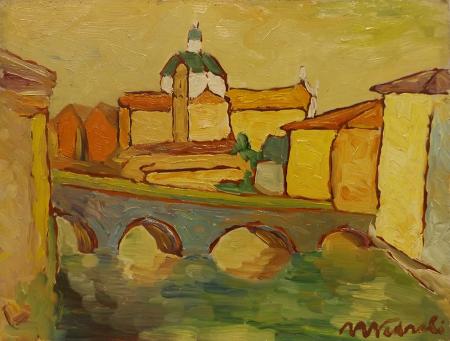 Quadro di firma Illeggibile Paesaggio - olio faesite 