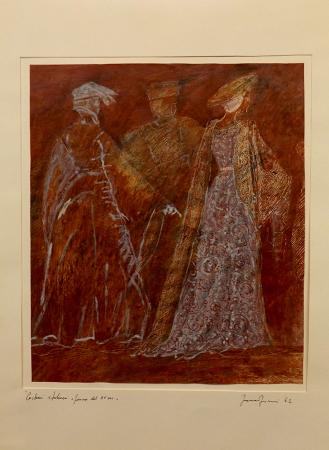 Art work by firma Illeggibile Costumi italiani e francesi del XV sec. - pastel paper 
