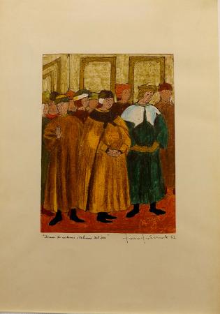 Art work by firma Illeggibile Scena di costume italiano del '200 - pastel paper 