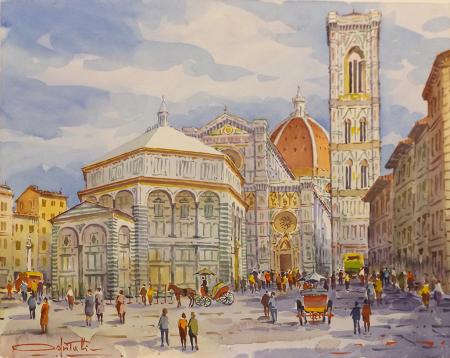 Quadro di Giovanni Ospitali Piazza Duomo , Firenze - acquerello cartone 