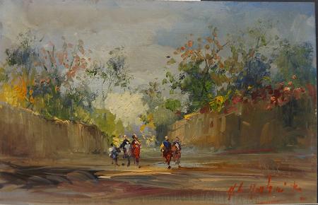 Quadro di Norberto Martini strada di campagna in primavera - olio tavola 
