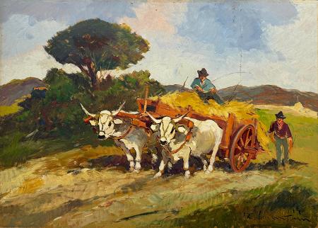 Quadro di Renzo Martini scena campestre  - olio faesite 