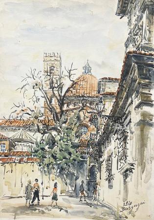 Art work by Elio Bargagni Piazza Interminelli  - watercolor cartboard on table 