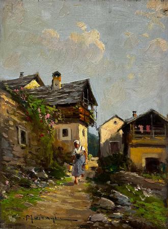 Art work by Anacleto  Moiraghi  Paesaggio con Figura  - oil table 