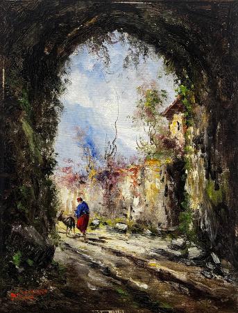 Quadro di Athos Brioschi Paesaggio con figura  - olio cartone 