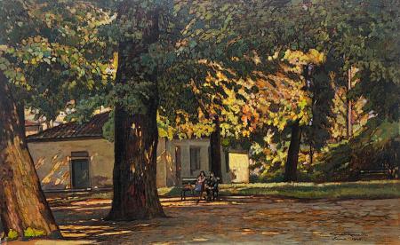 Quadro di Gino Romiti Giardini di Lucca - olio tavola 