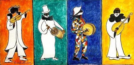 Quadro di Emilio Malenotti L'Arlecchino e la sua banda - acrilico tela 