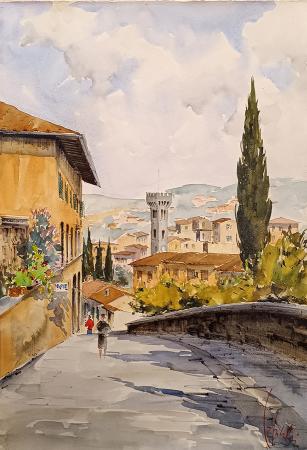 Art work by Giuseppe Capineri scendendo da piazza Mino Fiesole (FI) - watercolor heavy-weight paper 