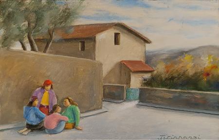 Art work by Nino Tirinnanzi paesaggio di Greve in Chianti con giocatori - oil canvas cardboard  