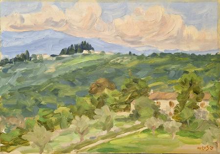 Art work by Nelusco Sarti paesaggio Toscano - oil hardboard 
