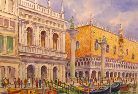 Quadro di Giovanni Ospitali Venezia Libreria e Palazzo Ducale  - acquerello carta 