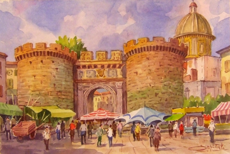 Art work by Giovanni Ospitali Napoli Porta Capuana - watercolor paper 