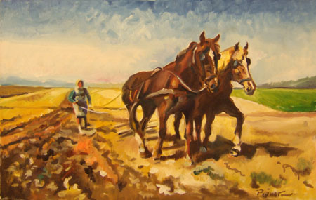 Quadro di Luigi Pignataro Contadina con cavalli in Arizzona - acrilico tela 