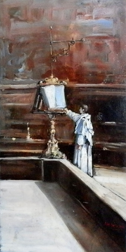 Quadro di Norberto Martini Spegnimento del lucernario - olio tavola 