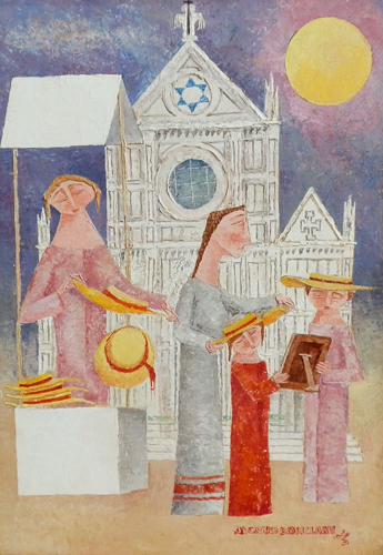 Quadro di Adorno Bonciani Venditori di cappelli a S.Croce - Pittori contemporanei galleria Firenze Art