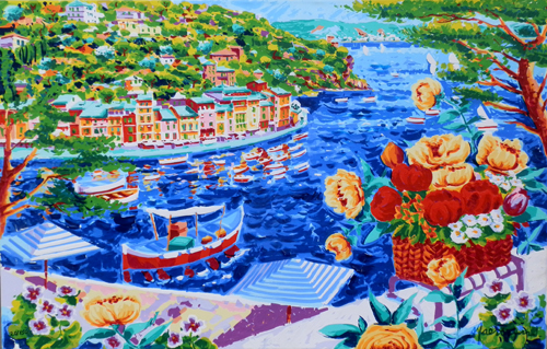 Quadro di Athos Faccincani Intorno a Portofino le nostre riflessioni e un cesto di fiori ( litopolimaterica ) - grafica tela 