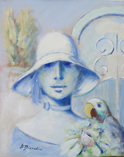 Quadro di Umberto Bianchini Figura con pappagallo - mista tela 