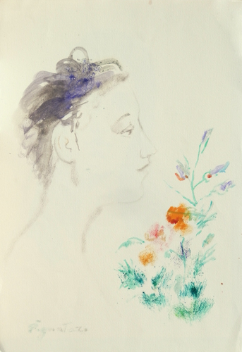Art work by Luigi Pignataro Figura con fiori - watercolor paper 