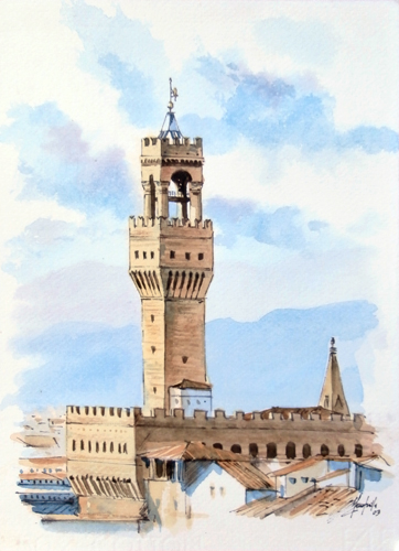 Art work by Roberto Lopez Fuentevilla Torre di Arnolfo e Palazzo Vecchio - watercolor paper 
