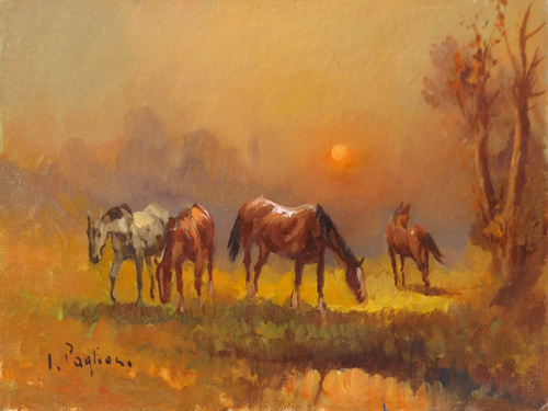 Quadro di Inigio Pagliani Cavalli al tramonto - olio cartone telato 