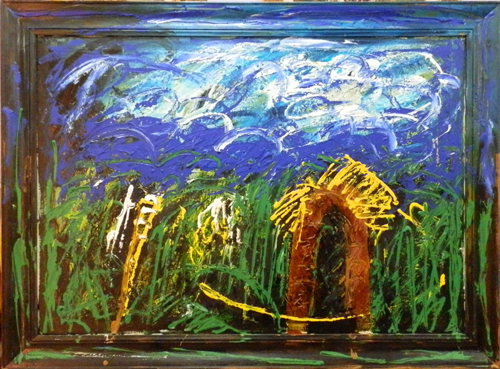 Quadro di Mario Schifano Paesaggio Anemico (cornice invasa) - olio tela 