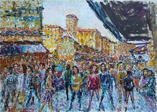 Quadro di Guido Borgianni Turisti sul Ponte Vecchio - olio tela 